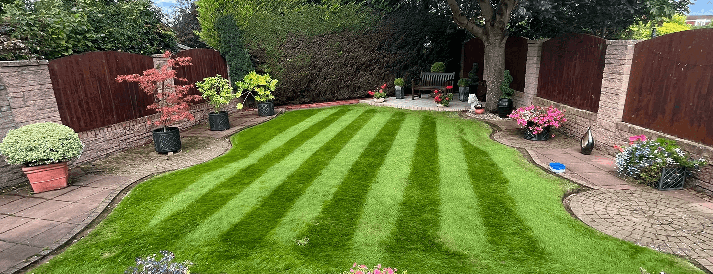 A Lovely striped garden with nice trees around with rockery with plants in bowls