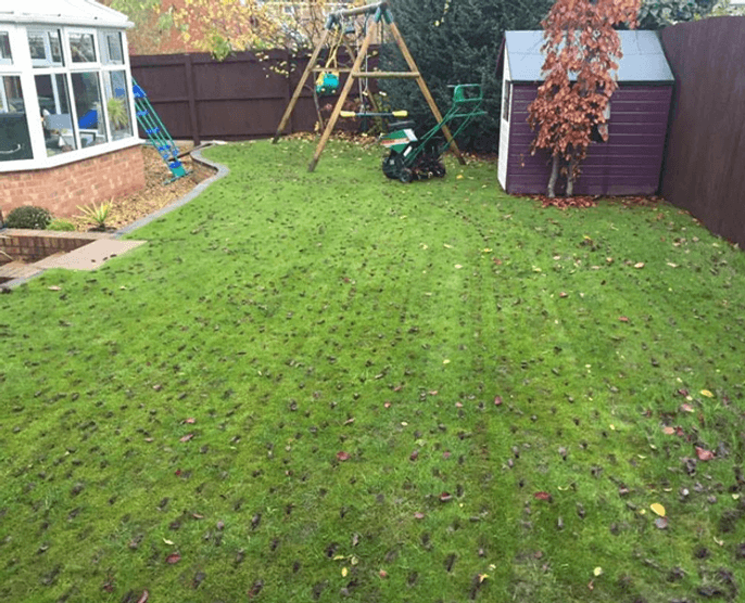 Back Garden with children's shoots and playthings. The grass has punctured holes in it, this is the aeration process